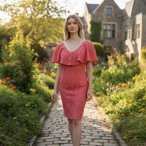 Lauren Ralph Lauren Coral Pink Floral Lace Ruffle Sheath Dress 4P